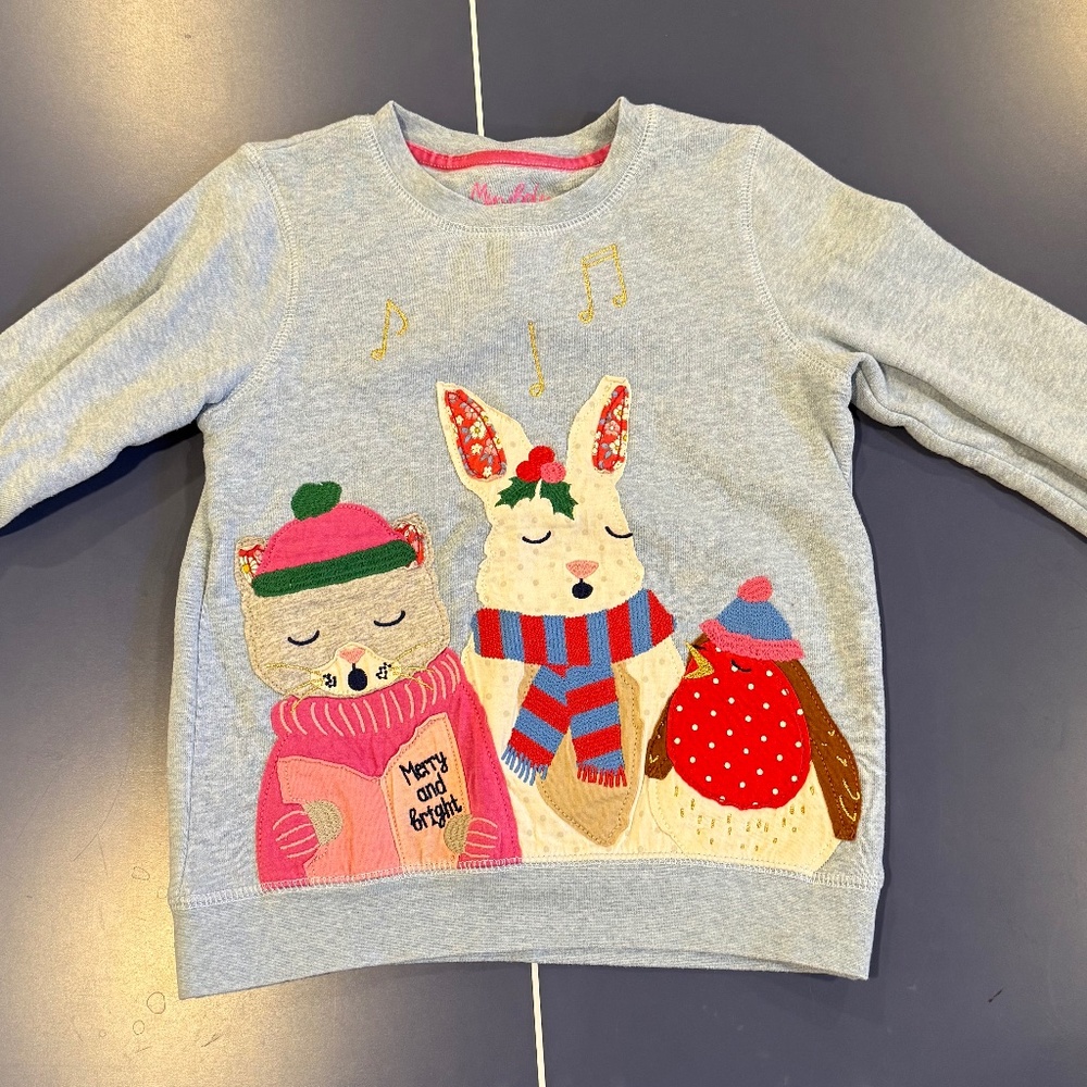 Size 7-8 Mini Boden Festive Friends Sweatshirt in Frost Blue Festive Animals